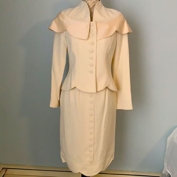 VINTAGE Skirt Suit | Cream with Cape like Jacket and A-line MIDI Skirt SIZE 38 - Picture 1 of 11